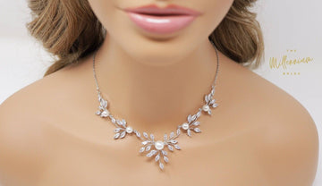 Swarovski Crystal Pearl Floral Vine Leaves , Long Bridal Jewelry, Bridal Earrings And Necklace, Statement Earrings Cz Necklace Set.